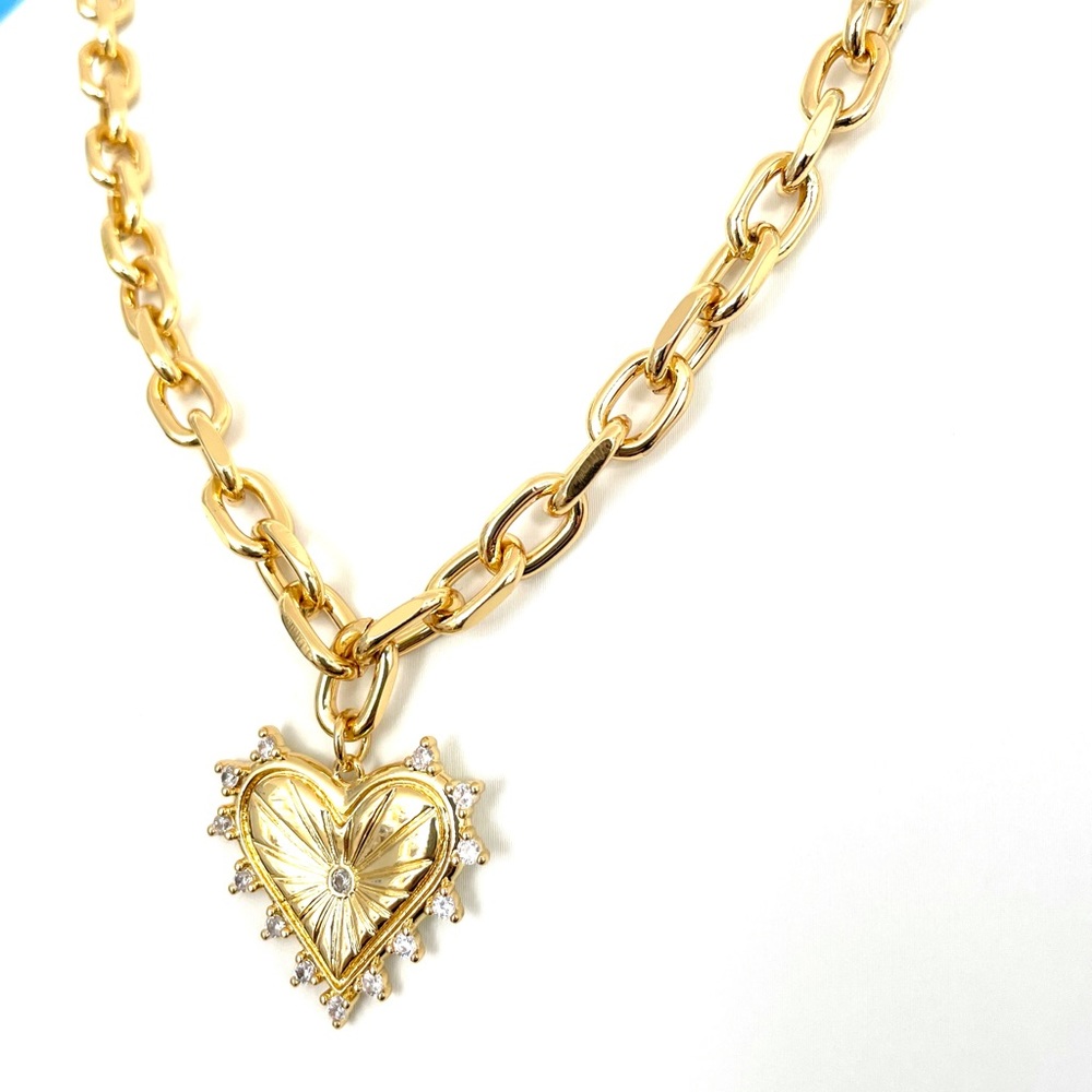 18k Gold Filled Chunky Paperclip Chain Pendant Necklace CZ Heart Charm Pendant - Picture 3 of 6